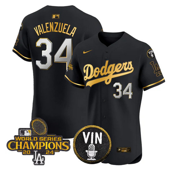Men's Los Angeles Dodgers #34 Toro Valenzuela Black/Gold 2024 World Series Champions With Vin Patch Vapor Limited Stitched Baseball Jersey Men's Los Angeles Dodgers #34 Toro Valenzuela Black/Gold 2024 World Series Champions With Vin Patch Vapor Limited Stitched Baseball Jersey